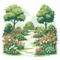 illustration of a park with flowers and trees vector