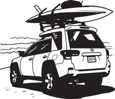 A drawing of a car with a surfboard on top vector