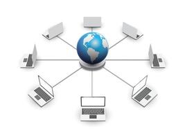 Globe around with laptop. 3D computer network cloud computing data center. vector