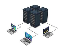 Laptop connected to server, computer networking concept. vector