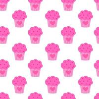 Seamless pattern with Pink Valentine Day Cupcake with heart. vector