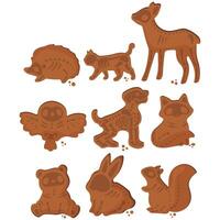 big set of gingerbread cookies for Halloween with skeleton design of domestic and wild animals and round crumbs vector