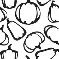 seamless autumn pattern of black outline pumpkins of various shapes placed randomly, for packaging or posters vector