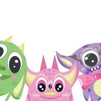poster template with fictional, colorful monsters, namely a green monster with long ears and a purple one with glasses and a pink bow and a pink one with three eyes, for banners, posters or children's vector
