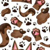 seamless pattern with parts of a brown cat namely ears, tail, paws and face, cat day icons, for various designs, patterns or packaging vector