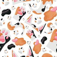 seamless pattern with parts of spotted cat namely ears, tail, paws and face, cat day icons, for various designs, patterns or packaging vector