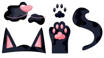 icons with parts of a black cat, namely ears, tail, paws and face, icons for cat day, for various designs, patterns or packaging vector