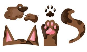 icons with parts of a brown cat, namely ears, tail, paws and face, cats day icons, for various designs, patterns or packaging vector