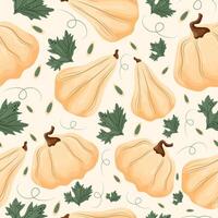 seamless autumn pattern with two types of pumpkins round and long and white with pumpkin seeds and leaves on a light backgroun vector