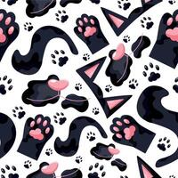seamless pattern with parts of a black cat namely ears, tail, paws and face, cat day icons, for various designs, patterns or packaging vector