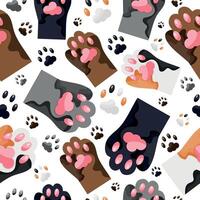 seamless pattern with cats' paws, namely with the paws of a gray, black, spotted and brown cat, for cat day, for various designs, posters or banners vector