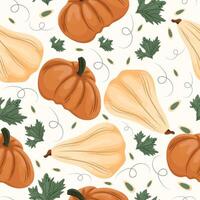 seamless autumn pattern with two types of long-shaped pumpkins in green and orange colors with pumpkin seeds and leaves on a light background vector