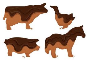 set of various chocolate covered gingerbread cookies in the shape of farm animals namely cow, piglet, horse and duck for world chocolate day, for designs, posters or banners vector
