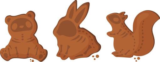 Halloween gingerbread set with hare, bear and squirrel skeleton design and round crumbs vector