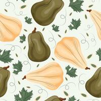 seamless autumn pattern with two types of long-shaped pumpkins in green and white colors with pumpkin seeds and leaves on a light background vector