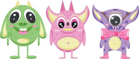 set of different, colorful, fictional characters with different numbers of eyes and different elements, for posters, banners or children's textiles vector