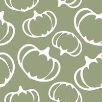 seamless autumn pattern with round pumpkins drawn with a white outline placed chaotically on a pastel green background vector
