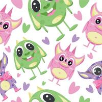 seamless pattern with fictional, colorful monsters and with various elements on them and colorful hearts, for banners, posters or children's textiles vector