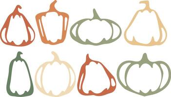 big set of autumn pumpkins logos drawn with curved contours in pastel autumn color in abstract style vector