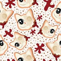seamless pattern with gingerbread cookies for Halloween with sugar frosting and cat design, where half of the head is made as a skeleton with red syrup in the middle vector