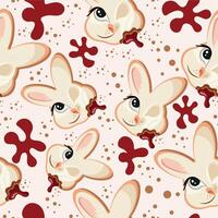 seamless pattern with gingerbread cookies for Halloween with sugar frosting and bunny design, where half of the head is made as a skeleton with red syrup in the middle vector