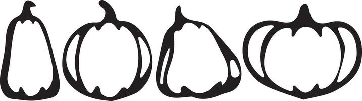 set of autumn pumpkins of various shapes drawn with black outline in abstract style vector
