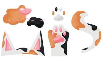 icons with parts of a spotted cat, namely ears, tail, paws and face, icons for cat day, for various designs, patterns or packaging vector