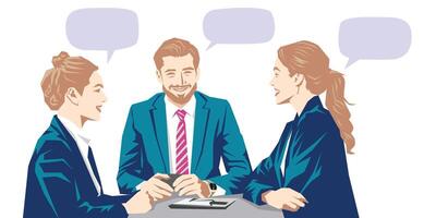 Three young executives, brainstorming at the office. Illustration, isolated object on white background. vector