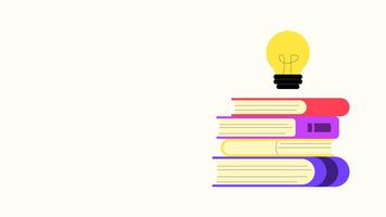 Minimalist animated illustration of a stack of colorful books with a light bulb on top, symbolizing knowledge, creativity and learning. Perfect for educational or inspirational themes. video