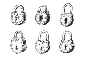 Set of vintage padlock icons isolated on white background. Hand drawn illustration. Sketch vector