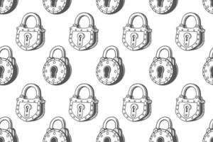 Seamless pattern with vintage padlocks. Retro background, black and white illustration. vector