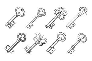 Set of vintage keys icons with ornament isolated on white background. Hand drawn illustration. Sketch vector