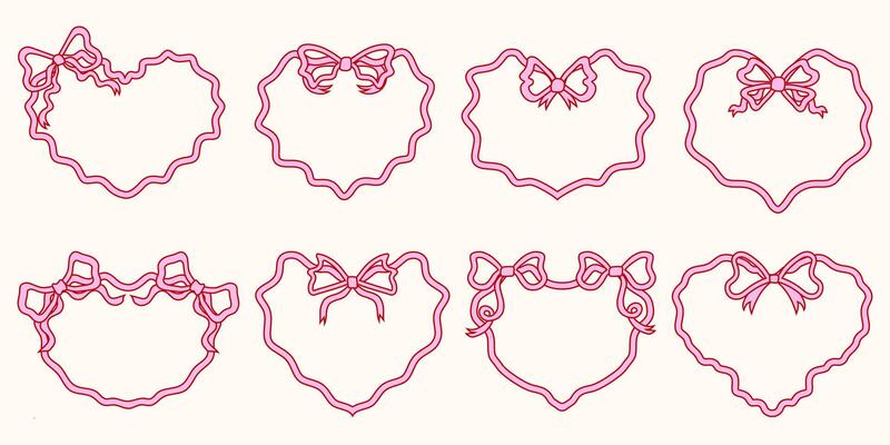 Set Of Cute and Elegant Heart-Shaped Ribbon Frames with Bows. Hand-Drawn Romantic Ribbon Frames. Perfect for Invitations and Greeting Cards.