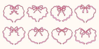 Set Of Cute and Elegant Heart-Shaped Ribbon Frames with Bows. Hand-Drawn Romantic Ribbon Frames. Perfect for Invitations and Greeting Cards. Vintage Coquette Borders. vector