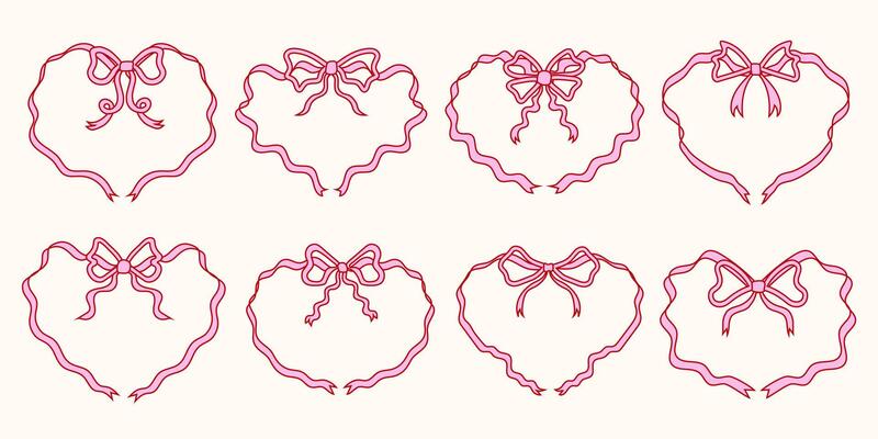 Set Of Cute and Elegant Heart-Shaped Ribbon Frames with Bows. Hand-Drawn Romantic Ribbon Frames. Perfect for Invitations and Greeting Cards. Vintage Coquette Borders.