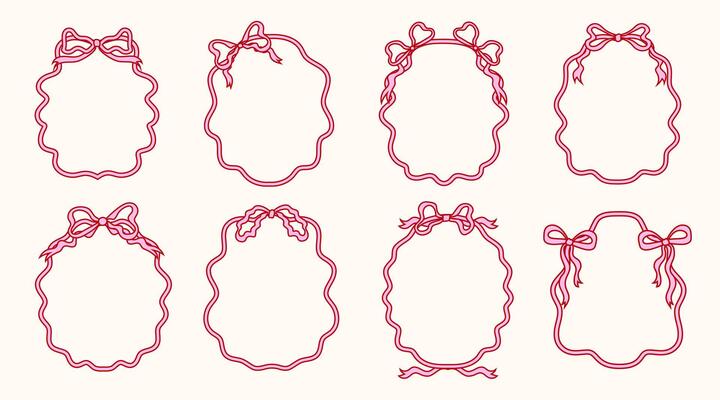 Set of Hand Drawn Decorative Ribbon Frames with Bows. Elegant Vintage Outline Borders for Design and Decoration. Perfect for Invitations and Greeting Cards
