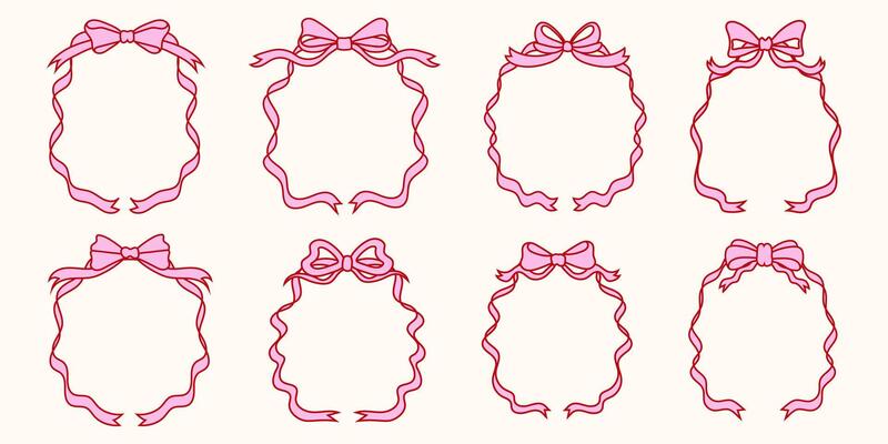Set of Hand Drawn Decorative Ribbon Frames with Bows. Elegant Vintage Outline Borders for Design and Decoration. For Invitations and Greeting Cards