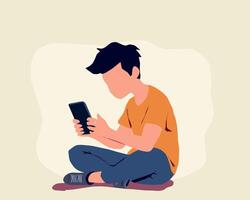 An illustration of a boy sitting casually while using a smartphone. This image represents modern activities like playing games, browsing the internet, or chatting on a mobile device vector