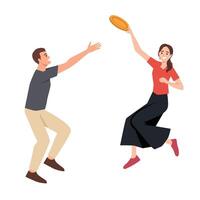 Exciting Frisbee Game in Action. Couple engage in a lively game of frisbee. vector