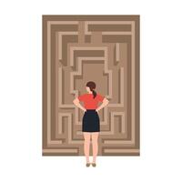 Facing the Maze of Challenges. Woman stands in front of a large labyrinth, contemplating her path. vector