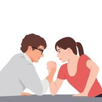 Man and a woman engage in an intense arm wrestling match, focusing on each other with determination. vector