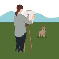 Capturing a Canine on Canvas. Woman in an open field, painting a portrait of a dog on an easel. vector