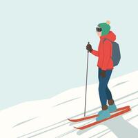 Woman in winter gear enjoys skiing on a snowy slope, equipped with ski poles and a backpack. vector