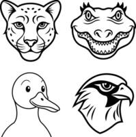 Animal Head Illustrations Set Cheetah, Alligator, Duck, and Hawk Art vector