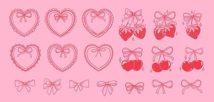 Retro heart frame. Coquette cherry, strawberry with ribbon. Vintage ruffles and bows heart frame. Pink girly berry decorative elements. Valentines Day set vector