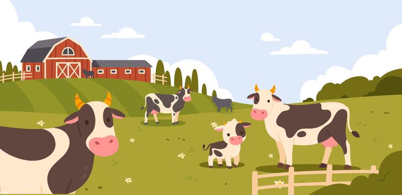 Cow milk farm. Rural landscape with cows. Cartoon country scene domestic with animals on meadow. Dairy farm. Farmed background with ranch barn and field. concept