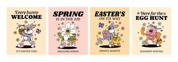 Easter poster. Retro bunny, eggs characters. Groovy 70s cartoon Easter holiday mascot rabbit, egg, flowers, chick walking. Spring banners for social media. set vector