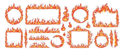 Fire borders. Cartoon flame frame. Hot flaming circle, blazing ignite edges square, fire trail, heat burning rectangle. Wildfire flammable border frames. elements vector