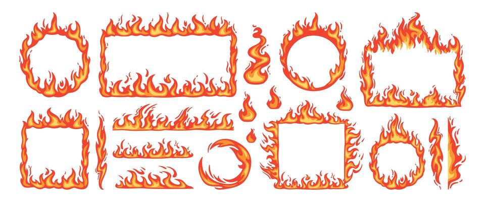 Fire borders. Cartoon flame frame. Hot flaming circle, blazing ignite edges square, fire trail, heat burning rectangle. Wildfire flammable border frames. elements