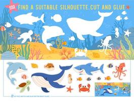 Marine animals puzzle. Kids game find underwater silhouette. Paper cut out, match and glue ocean elements. Educational game with whale, octopus, dolphin. Print vector